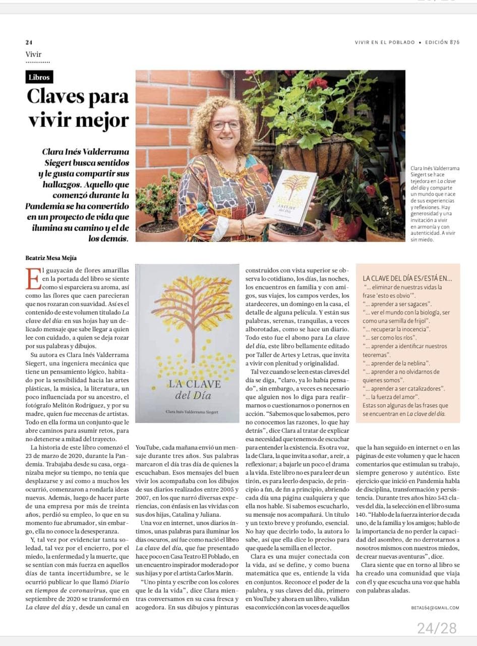 Página 24 de Vivir en El Poblado edición 826 — artículo 'Claves para vivir mejor' sobre Clara Inés Valderrama Siegert